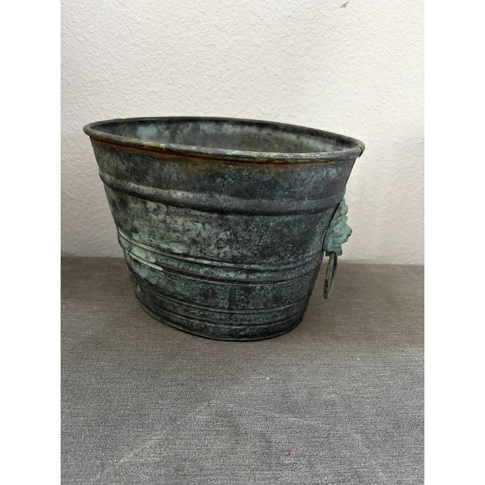 Unique Antique Copper Pot / Planter Heavy Patina Hammered Metalware Lion Handles